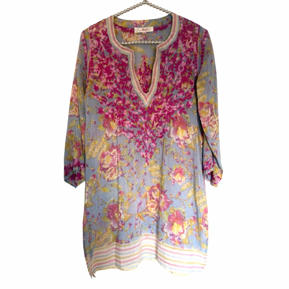 Amaya Embroidered Blue Tunic Top with Pink and Yellow Floral Pattern